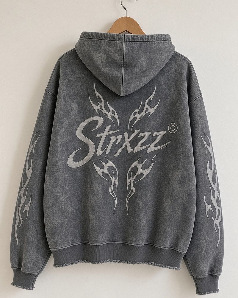 Strxzz Exclusive drop washed charcoal zip hoodie, back with Strxzz print and flames