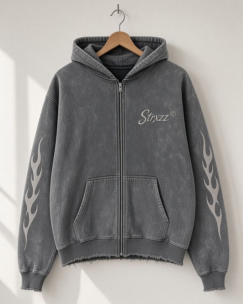 Strxzz Exclusive drop washed charcoal zip hoodie, front
