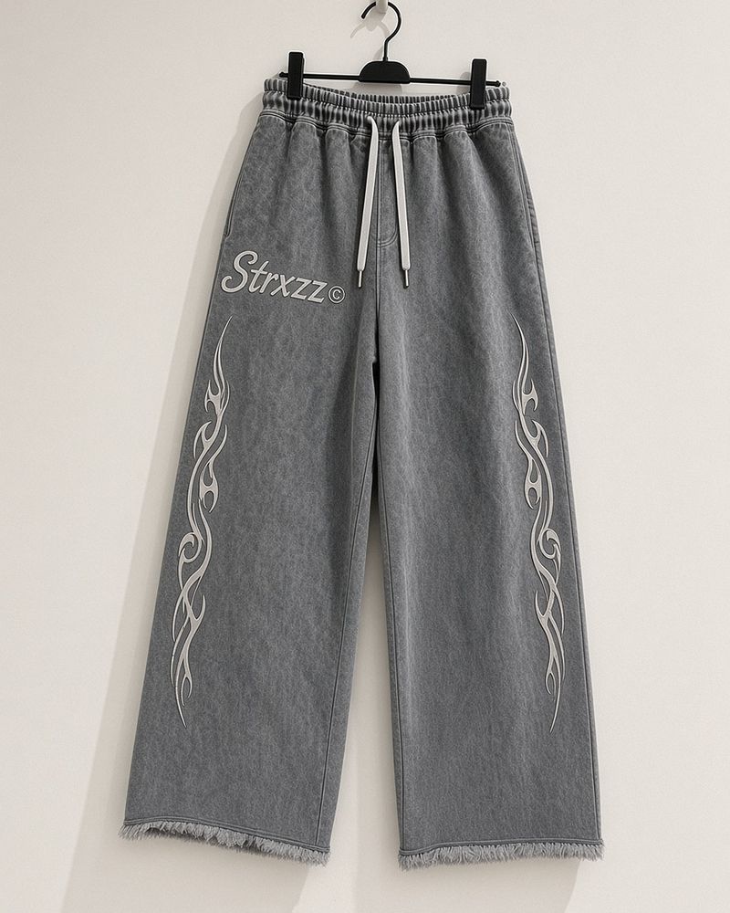 Strxzz Exclusive drop washed charcoal baggy joggers with flame print